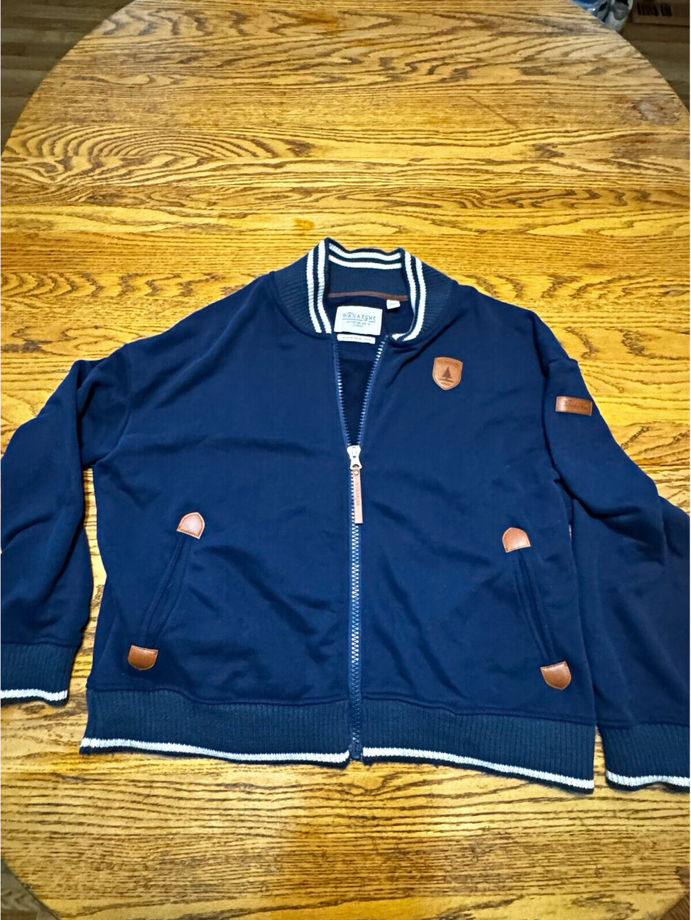 Wanakome Men’s XL Navy Full Zip Jacket Leather Trim Canada Outdoor Preppy